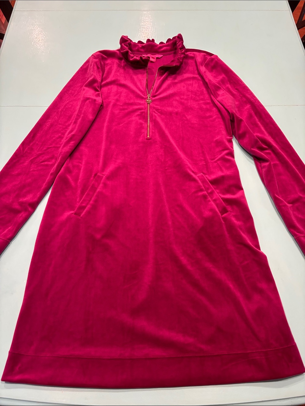 Lilly Pulitzer magenta burgundy Ruffle Neck Long Sleeve Shift Dress